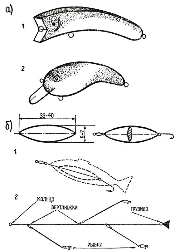 Рис. 19: а - воблеры: 1 - 'Балтика-1', 2 - 'Дельфин-3'; б - приманка - искусственная рыбка: 1 - детали приманки, 2 - снасть в сборе
